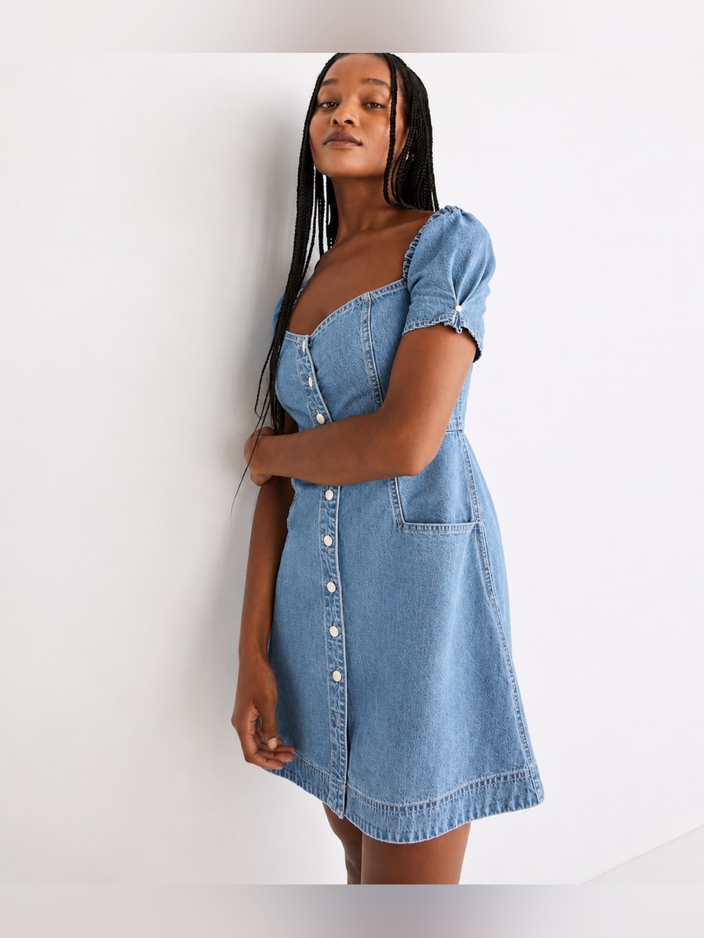 ✨👗 Madewell Denim Puff Sleeve Button Front‎ Mini Dress Size 2 👗✨